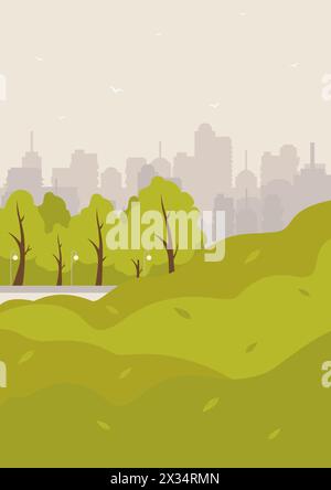 Stadtpark mit grünen Bäumen, Laternen und Stadtgebäuden an der Skyline. Vektor-Zeichentrickfilm Frühlingslandschaft Stock Vektor