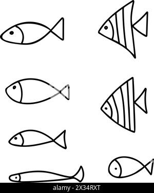 Gruppe verschiedener Fische, isoliert auf weißem Hintergrund. Vektor Hand gezeichnete Illustration im Doodle-Stil. Design-Elemente für Unterwasser im Meer. Sommer Meer Stock Vektor