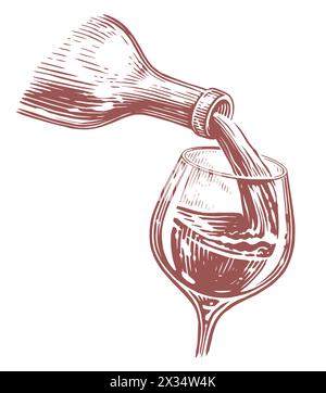 Wein aus der Flasche in Glas gießen, Weinglas. Handgezeichnete Vektorgrafik Stock Vektor
