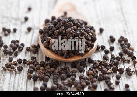 Holzlöffel mit Pfeffer auf rustikalem Vorder- und Hintergrund Stockfoto