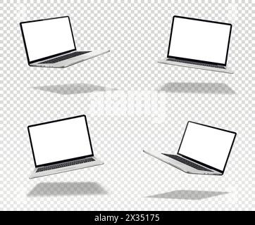 Satz von Vektorschwebenden oder schweben Laptops mit leerem Bildschirm auf transparentem Hintergrund. Perspektivische und Vorderansicht mit leerem Bildschirm. Stock Vektor