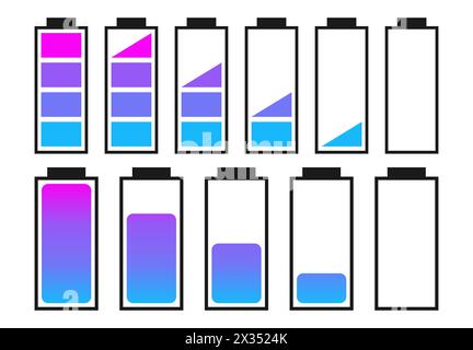 Ein Satz Batterien mit unterschiedlichen Ladeanzeigen. Vektorabbildung Stock Vektor