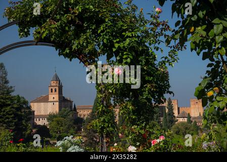 Blick von den Gärten des Generalife auf den weltberühmten Palastkomplex der Alhambra in Granada, Andalusien (Spanien) Stockfoto