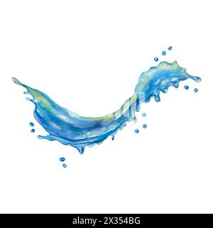 Wasserspritzer, blaue Flüssigkeitswellen mit Tropfen. Aquarell. Handgezeichnete Vektor-Illustration für Karten, Einladungen, Etiketten, Cover, Poster. Stock Vektor