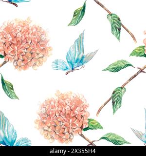 Hortensie, Schmetterling, nahtloses Muster. Aquarell. Hand gezeichnete Vektor-Illustration von Blumen für Karten, Verpackungspapier, Textil, Tapete, Stoff, c Stock Vektor