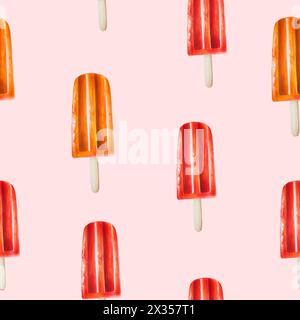Nahtloses Eismuster. Aquarellabbildung von Fruchteiskel auf einem Stab isoliert auf Hintergrund. Wunderschönes, handgemaltes, erfrischendes Dessert Stockfoto