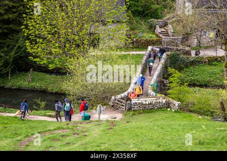 Wanderer und Wanderer überqueren VIATORS BRÜCKE über den Fluss Dove bei Milldale im English Peak District, der durch izaak Walton berühmt wurde Stockfoto