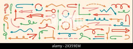 Satz Handzeichnungspfeile kritzeln fett markierend. Kindliches mehrfarbiges gezeichnetes Richtungszeichen. Ideal für spielerische Touch-Präsentationen, Designs für Kinderprojekte, Infografiken-Statistiken Stock Vektor