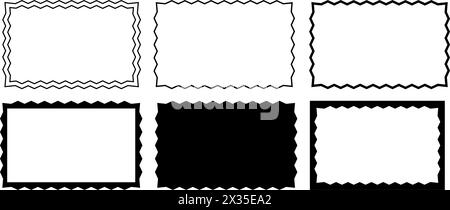 Satz rechteckiger Rahmen mit Zick-Zack-Rahmen. Stellen Sie rechteckige Formen mit gezackten Kanten auf weißem Hintergrund dar oder spiegeln Sie sie. Textfeld-, Aufkleber- oder Tag-Vorlagen. Vektorgrafik. Stock Vektor