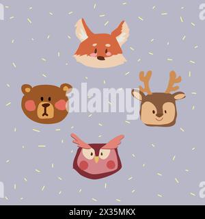 Niedliche Gesichter Mit Zeichentricktieren Stock Vektor