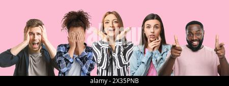 Gruppe emotionaler Menschen auf rosafarbenem Hintergrund Stockfoto