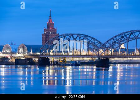 Akademie der Wissenschaften, vor dem zentralen Markt, Eisenbahnbrücke, führt über die Daugava, Riga, Lettland Stockfoto