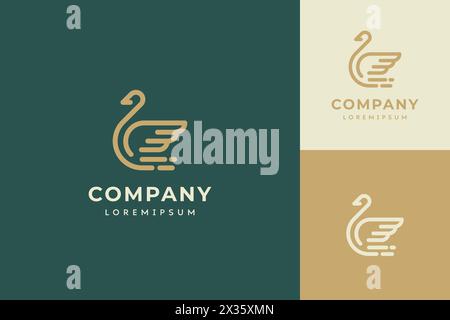 Line Art Schwanenlogo mit Firmenschriftzug darunter. Gänse werden in verschiedenen Farben und Größen angezeigt Stock Vektor