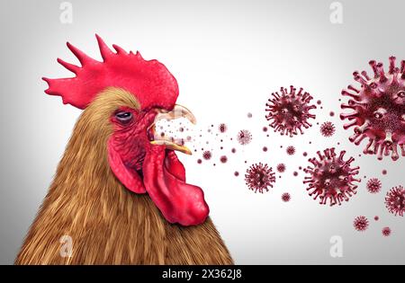 Verbreitung der Vogelgrippe und der hochpathogenen Aviären Influenza oder der HPAI-Krise und des Viehzuchtvirus als virales Geflügel infiziertes Huhn oder Viehbestand Stockfoto