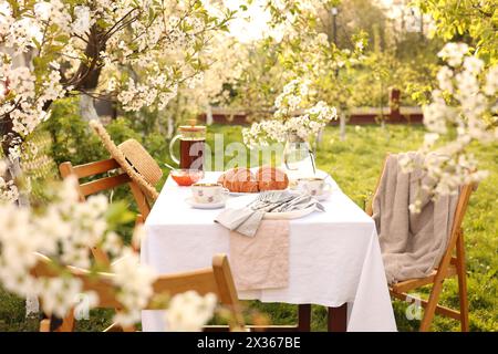 Stilvolle Tischeinrichtung mit schönen Frühlingsblumen, Tee und Croissants im Garten Stockfoto