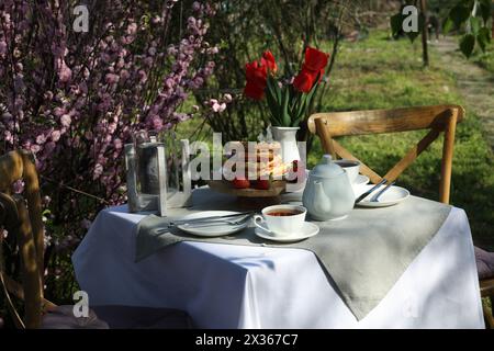 Wunderschöner Tulpenstrauß und frisch gebackene Waffeln auf dem Tisch, serviert zum Teetrinken im Garten Stockfoto