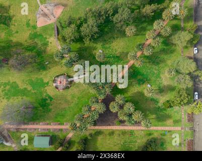 Aus der Vogelperspektive von Bäumen gesäumte Pfade, die sich diagonal durch einen Stadtpark in Tamworth in New South Wales, Australien, schneiden. Stockfoto