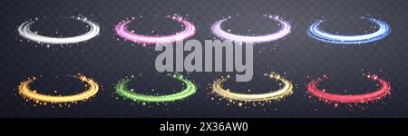 Leuchtende Zauberringe Set. Neon realistische Energie-Flare-Ringe mit funkelnden Partikeln. Abstrakter Lichteffekt auf dunklem transparentem Hintergrund. Vektor Stock Vektor