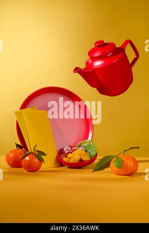 Rundes Gericht mit getrockneten kandierten Früchten, die mit Mandarinen und Umschlägen arrangiert werden. Konzept des Happy Chinese New Year Festival Hintergrund Stockfoto