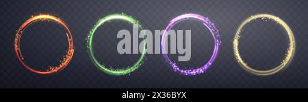 Leuchtend grüne magische Ringe. Neon realistische Energie-Flare-Ringe mit funkelnden Partikeln. Abstrakter Lichteffekt auf dunklem transparentem Hintergrund. Vektor Stock Vektor