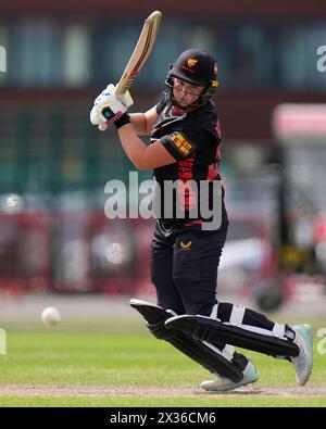 24. April 2024; Emirates Old Trafford, Manchester, England: Rachael Heyhoe Flint Trophy Cricket, Lancashire Thunder V Sunrisers; Grace Scrivens of Sunrisers in Batting Action Stockfoto