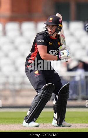 24. April 2024; Emirates Old Trafford, Manchester, England: Rachael Heyhoe Flint Trophy Cricket, Lancashire Thunder V Sunrisers; Grace Scrivens of Sunrisers in Batting Action Stockfoto