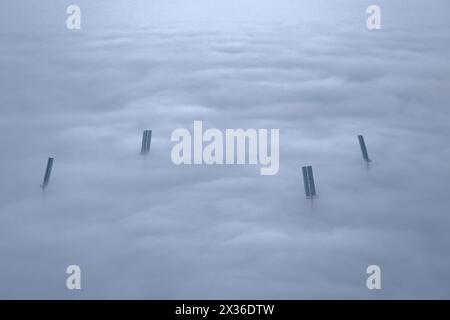 Qatar Sports Club Suheim bin hamad Fußballstadion bei Nebel. Flutlichtermasten Stockfoto