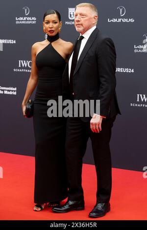 Madrid, Spanien. April 2024. Lilian Monteiro und Boris Becker posieren auf dem roten Teppich während der Verleihung der Laureus World Sports Awards 2024 im Palacio de Cibeles in Madrid. (Foto: Nacho Lopez/SOPA Images/SIPA USA) Credit: SIPA USA/Alamy Live News Stockfoto