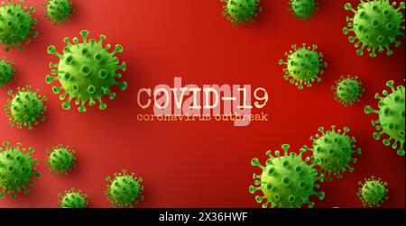 Vektor des Coronavirus 2019-nCoV und Virushintergrund mit grünen Krankheitszellen auf rotem Hintergrund.COVID-19 Coronavirus-Ausbruch und Pandemie-Medizin Stock Vektor