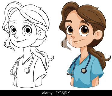 Farbenfrohe Strichkunst eines weiblichen Doktor-Zeichentrickfilms Stock Vektor