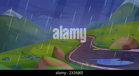Regnerische Bergstraßen und Karikaturlandschaft mit Wasserpfützen. Sturmwetter draußen im Sommer Ausflug mit gewundenen Pfaden perspektivische Aussicht. Leeres Panorama mit nassem Hügel im abendlichen Bannerdesign Stock Vektor