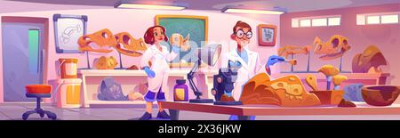 Fossil-Laborinnenraum mit Paläontologie-Wissenschaftlern. Cartoon Vektor Illustration der weiblichen und männlichen Archäologen Charaktere arbeiten mit Dinosaurierschädel und Knochen. Labor für Urzeitforscher. Stock Vektor