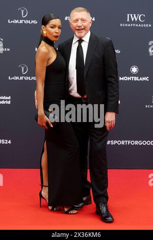 Madrid, Spanien. April 2024. Lilian Monteiro und Boris Becker posieren auf dem roten Teppich während der Verleihung der Laureus World Sports Awards 2024 im Palacio de Cibeles in Madrid. Quelle: SOPA Images Limited/Alamy Live News Stockfoto