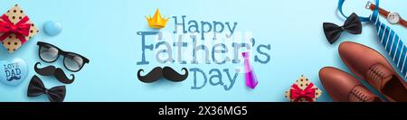 „Happy Father's Day“-Poster oder Bannervorlage mit Krawatte, Brille und Geschenkbox auf Blau. Gruß und Geschenke zum Vatertag im flachen Lagenlook.Pro Stock Vektor