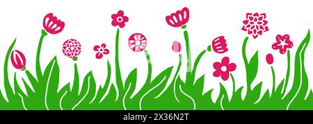 Panorama von Blumen und Kräutern auf weißem Hintergrund. Stilisierung. Grüne Blätter, Triebe. Rosafarbene Blumen. Dekorative, einfache Elemente. Linien, Punkte, Blütenblätter. Druckstil. Dekorativ. Stockfoto