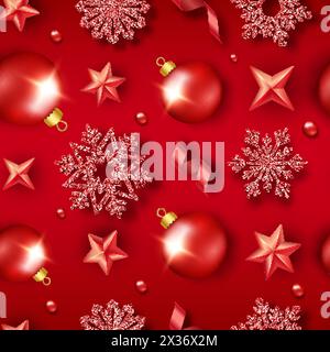 Weihnachtliches Nahtloses Muster mit glänzenden Schneeflocken, Kugeln, Sternen, Bändern und farbenfrohen Konfetti. Abbildung der Vektorkarte für das neue Jahr auf rotem Hintergrund Stock Vektor