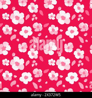Nahtloses Muster traditionelle Sakura Blumen roter Hintergrund Textur Hand gezeichnet Folk weiße Blüten grün Gänseblümchen Blätter helles Ornament Vektor flache Illustration Stock Vektor