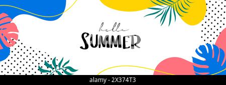 Hallo Sommer Banner Design handgezeichnet Stil. Sommer mit Kritzeleien und Objekten Elemente Hintergrund. Stock Vektor