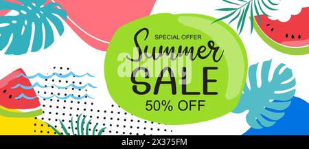Hallo Sommer Banner Design handgezeichnet Stil. Sommer mit Kritzeleien und Objekten Elemente Hintergrund. Stock Vektor