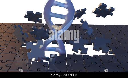 3D-Darstellung von DNA-Helix- und Puzzleteilen Stockfoto