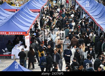 Peking, chinesische Provinz Shaanxi. März 2024. Arbeitssuchende besuchen am 6. März 2024 eine Karrieremesse in Xi'an, nordwestchinesische Provinz Shaanxi. Quelle: Zhang Bowen/Xinhua/Alamy Live News Stockfoto