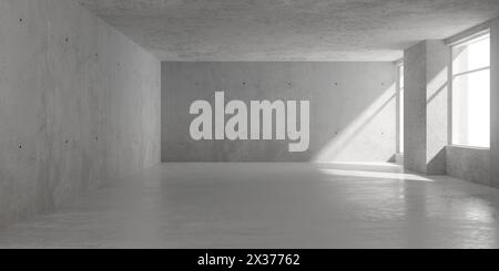 Abstrakter leerer, moderner Betonraum mit Fenstern an der rechten Wand, Sonnenlichtschatten und reflektierendem Boden - Hintergrundvorlage für den industriellen Innenraum, 3 Stockfoto