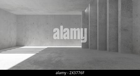 Abstrakter großer, leerer, moderner Betonraum mit Sonnenlicht, gestapelten Trennwänden und rauem Boden - Hintergrundschablone für den industriellen Innenraum, 3D-Illustration Stockfoto