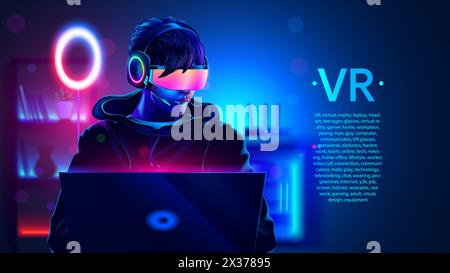 Teenager-Gamer mit Virtual-Reality-Headset im Zimmer mit Laptop am Arbeitsplatz im Dunkeln. Junger Mann oder Mann mit Virtual-Reality- oder VR-Brille Stock Vektor