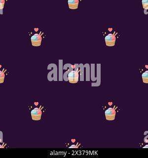 Eis im nahtlosen Waffelbecher-Muster. Fastfood-Illustration im Cartoon-Stil. Textur für Eiscreme. Illustration Eis. Dunkler Themenhintergrund Stock Vektor