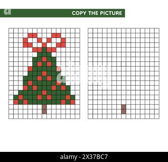 Malbuch. Weihnachtsbaum mit Schleife. Kopieren Sie das Bildspiel für Kinder. Vektorabbildung. Weihnachten Pixel Art. Stockfoto