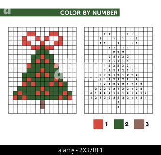 Malbuch. Weihnachtsbaum mit Schleife. Farbe nach Zahl lehrreiches Spiel für Kinder. Vektorabbildung. Weihnachten Pixel Art. Nummerierte Quadrate. Stockfoto