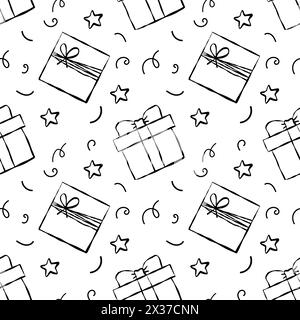 Nahtloses Muster verschiedene Weihnachten, Geburtstagsgeschenke. Papiermuster, Schleifen und Bänder werden eingewickelt. Handgezeichnete Doodle Weihnachten, Neujahr oder Geburtstag Stockfoto