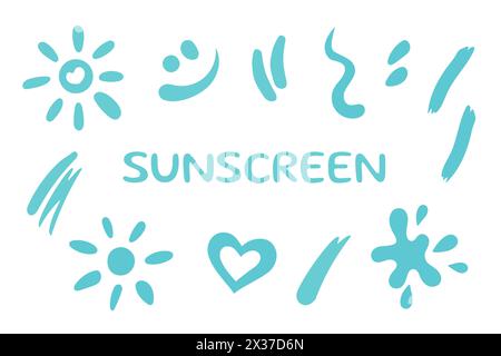 Streichen Sonnencreme-Set. Sammlung von Lotion, Spray, Öl, Zahnpasta Flecken. SPF Kosmetikprodukte berühren. Sonne, Herz, Lächeln, Flecken verschmiert Formen. Vektorabbildung. Flaches Design Stock Vektor