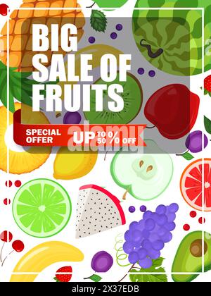 Großer Verkauf von Obst Sonderangebot mit 50 Prozent Rabatt auf Werbecover Stock Vektor